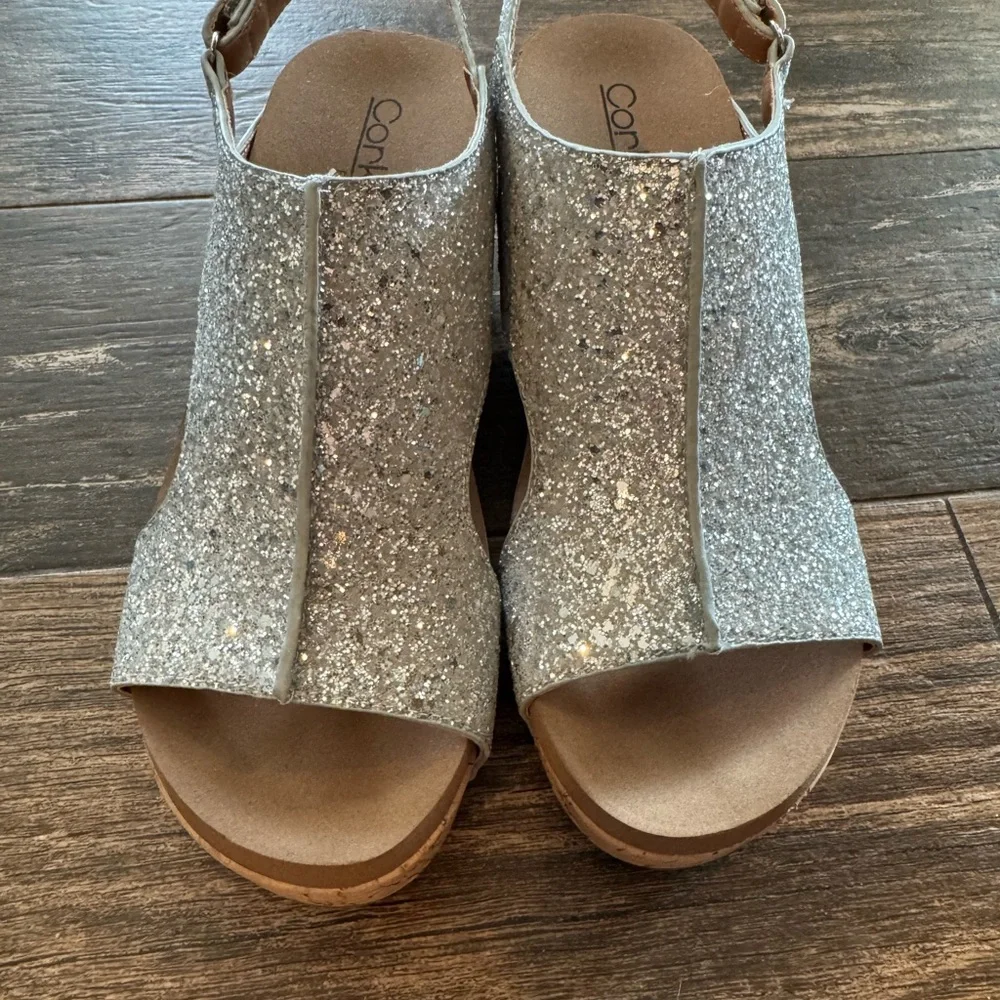 Corkys Silver Glitter Platform Slingback Sandals